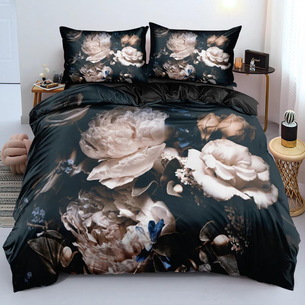 3D Floral Beding Set Rose Sureal Scene Concept Artwork Soft Duvet Cover King Quen Sized Dimensions Colorful Flowers Gren Soft Warm Comforter Cover