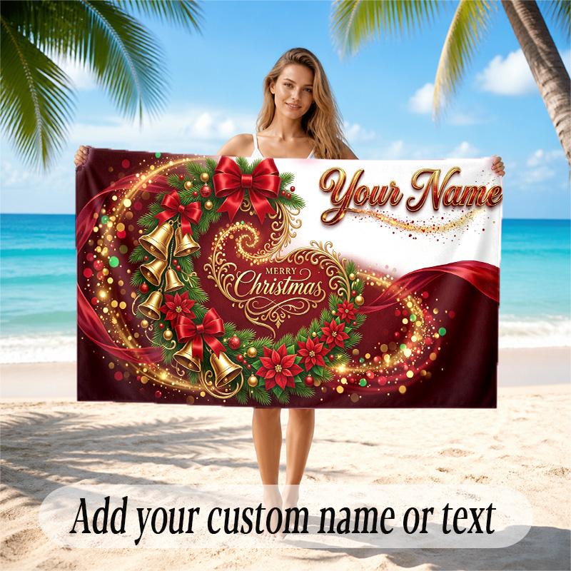 Christmas Theme Quick Dry Beach Towel Custom Name Text Print Large Sand Resistant Towel Beach Vacation