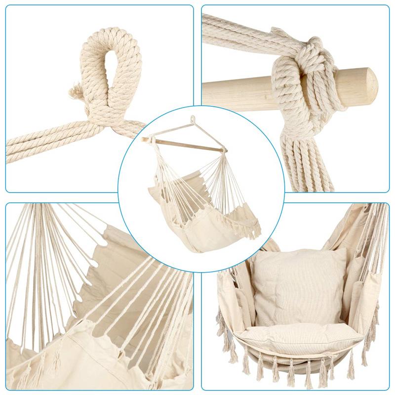 Leagăn cu frânghie suspendat, scaun tip hamac, maxim 500 lbs, 2 perne incluse, scaun suspendat mare din macrame cu buzunar pentru confort superior