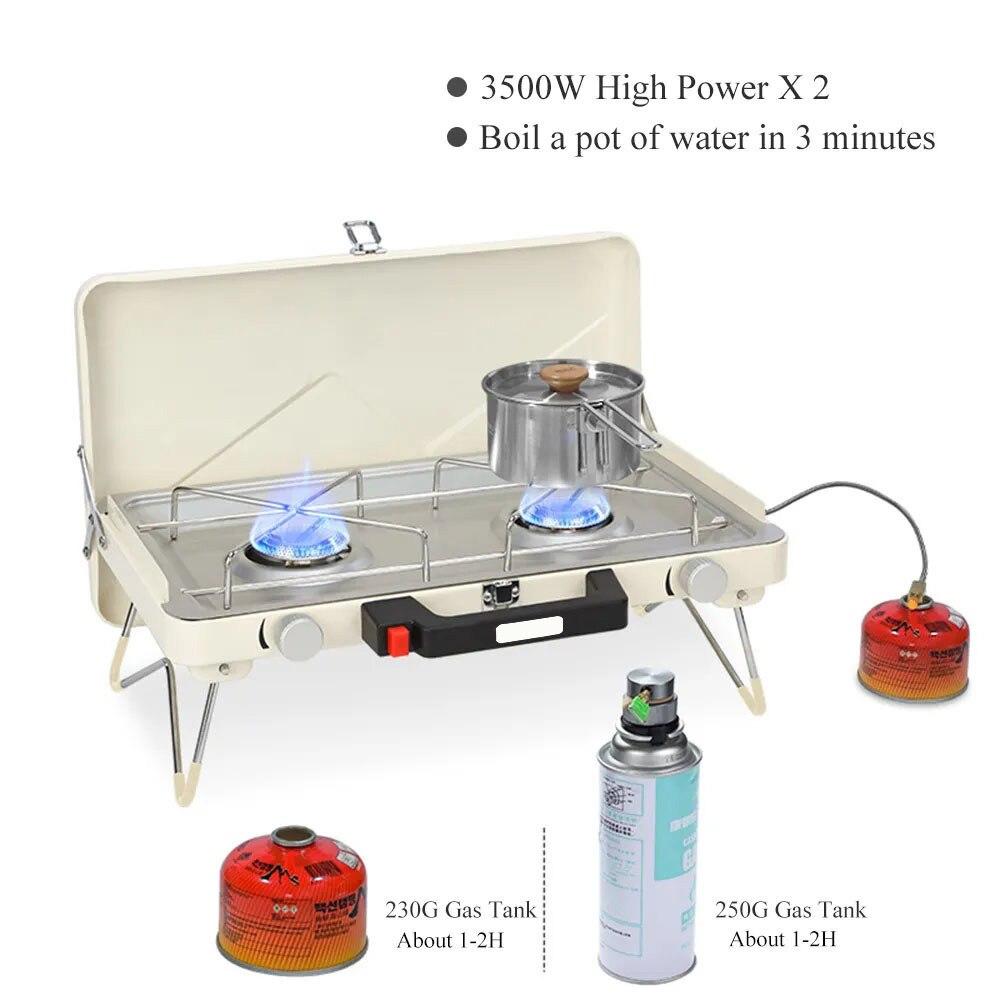 Camping Gas Stove Portable 2 Burner Stovetop Foldable BBQ Grills Gas Stove Patio with Regulator for Outdoor Cooking Cookware