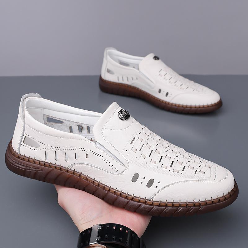 Fashion Summer New Designer Hallow Leather Shoes for Men Fashion Casual Solid Color Sandals Male Breathable Big Size Driving Shoes Man