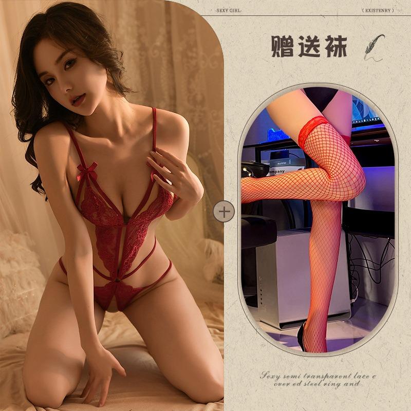 Sexy lingerie pure flirting sexy lace seduction onesie hot hollow open uniform women's pajamas