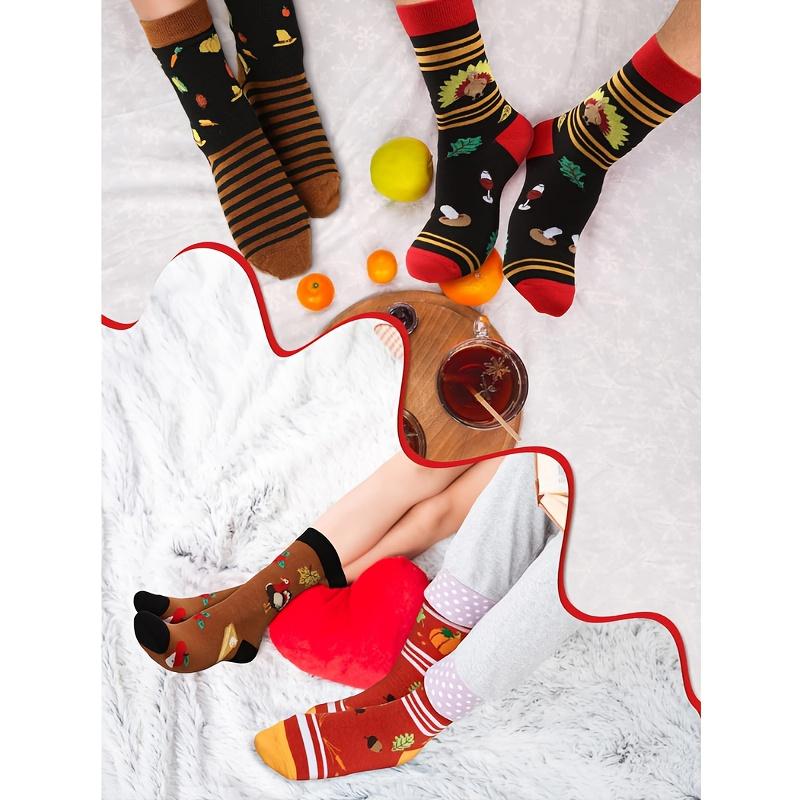 6 pairs of Thanksgiving socks, autumn socks, bulk harvest novelty plush socks, unisex turkey and pumpkin socks, Thanksgiving harvest-themed funny