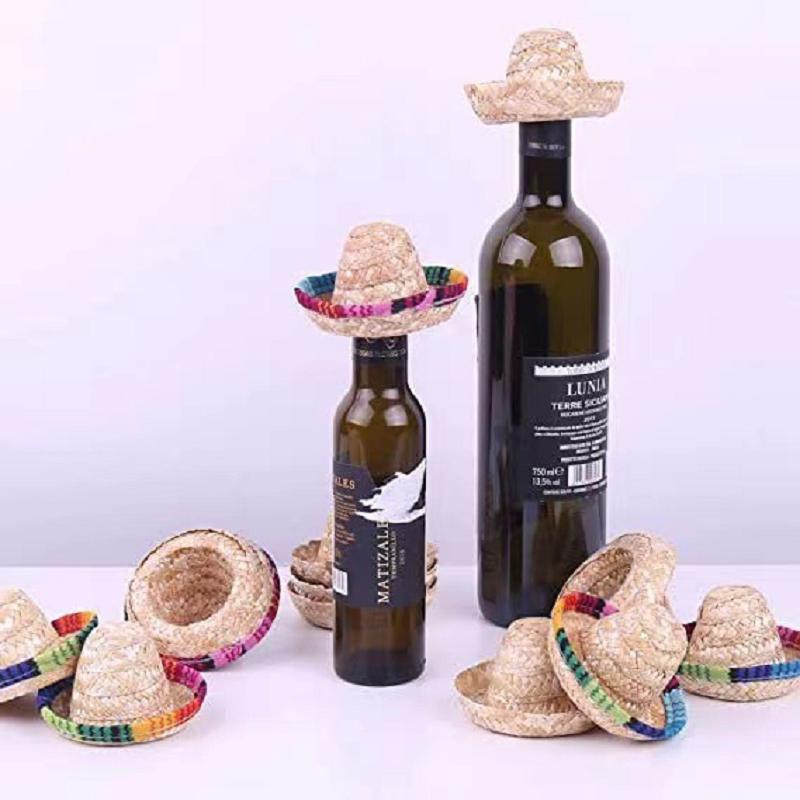 Mini Mexican Carnival Straw Hat Red Wine Bottle Hat Natural Woven Hat Party Decor Small Straw Hat Doll Dining Table Party Prop
