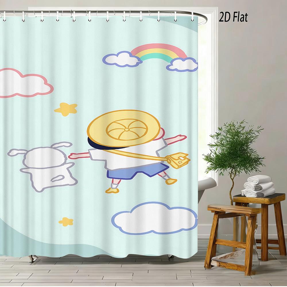 Crayon Shin-Chan All Characters Big Group Photo Scene 2D Print Waterproof Shower Curtain, Vibrant Blue Sky With Full Cast Bathro