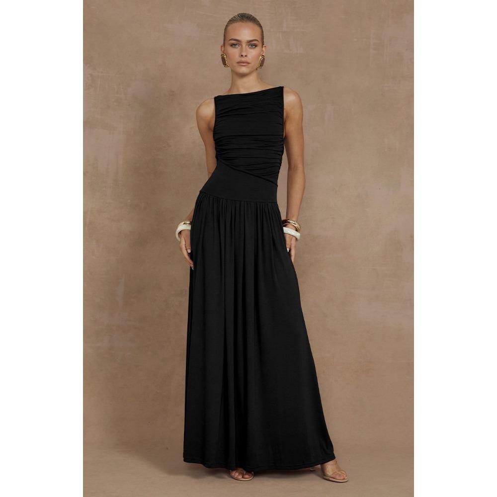 LYRIA Elegant Sleeveless Maxi Dress for Women Fashion Solid Boat Neck Tank Dresses Ladies Sexy Ruched Long Dress New Gown