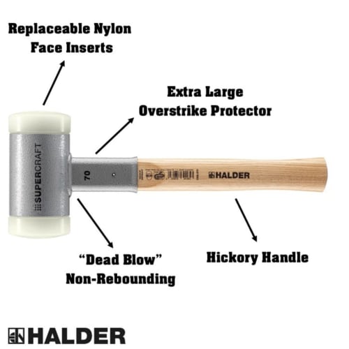HALDER Shockless Recoilless Supercraft Hammer, Hickory Handle, Nylon (White), 70mm Diameter, 3366.070