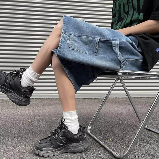 Men Denim Shorts Elastic Drawstring Waist Wide Leg Pockets Shorts with Straight Solid Color Casual Shorts Streetwear