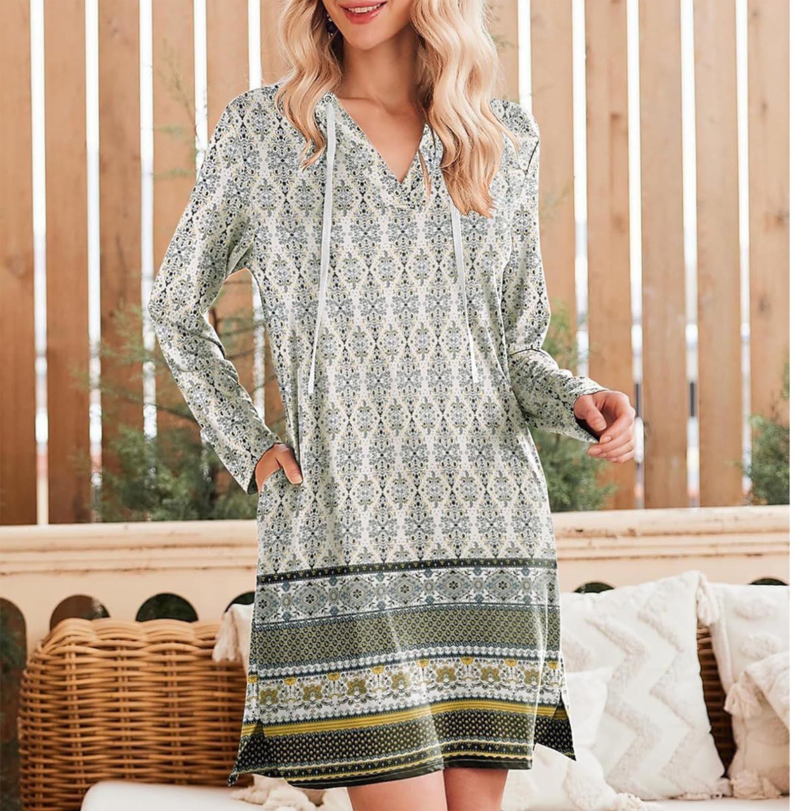 

Женское модное повседневное платье с однотонным принтом, V-образным вырезом, длинными рукавами, капюшоном и разрезом по низу L армия зеленый