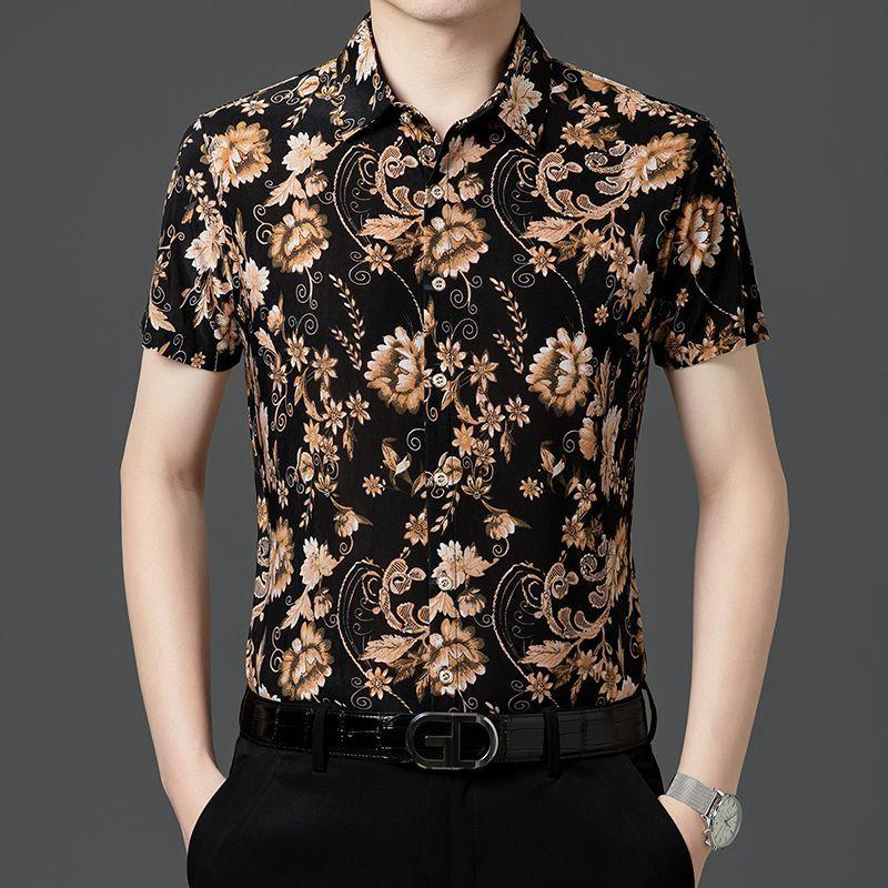 

Short Sleeved Shirt Men s Casual Middle-aged Slim Floral Thin Lapel Flower Half-sleeved 4XL