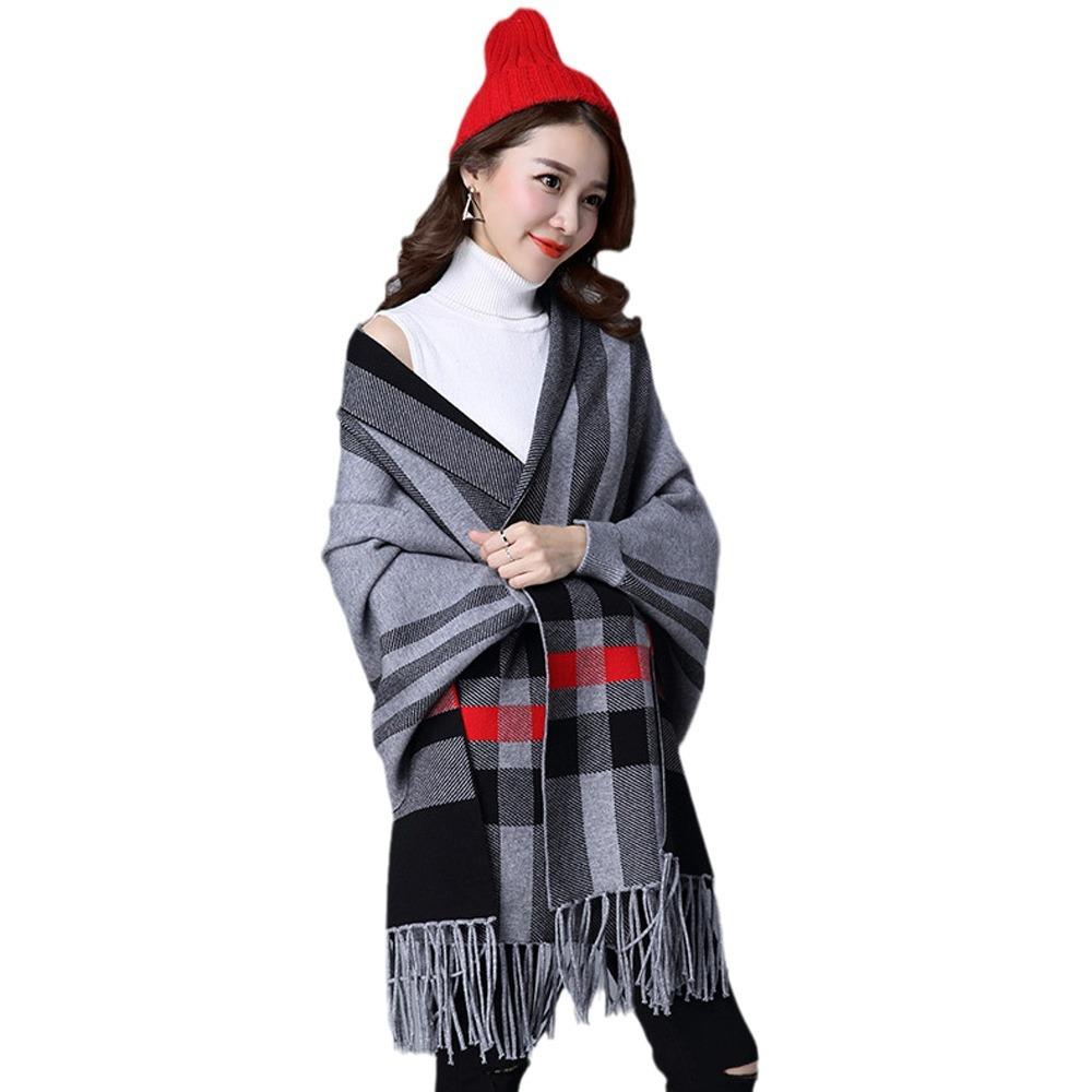 Women's Autumn and Winter Thick Faux Cashmere Scarf with Sleeves, Large Plaid Cheongsam Shawl, Wedding Cape