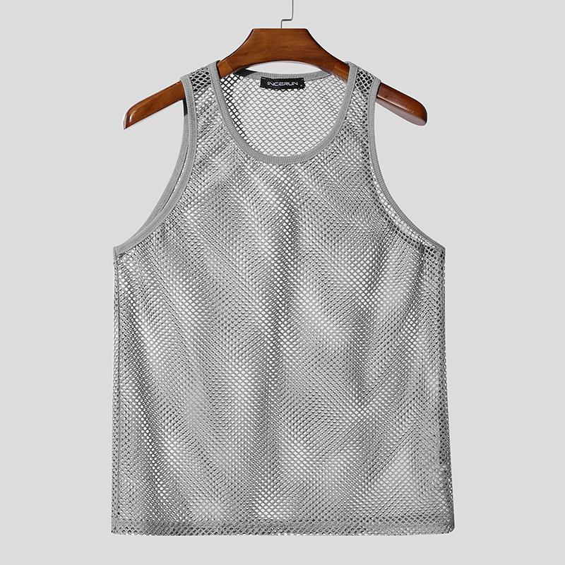 INCERUN Summer Men's Hollow Out Sleeveless Sheer Mesh Tank Tops