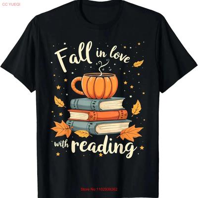 Fall In Love With Reading Book Autumn Pumpkins And Teachers T Shirt for Dad Vintage Washed Casual Graphic Fashion Soft