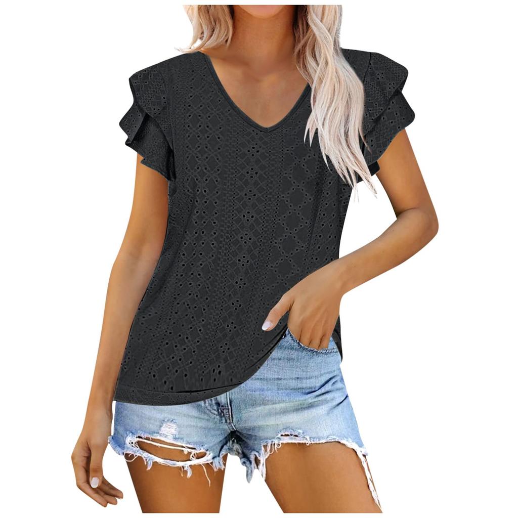 Women's V Neck T Shirt Summer Hollow Casual Ruffle Sleeve Tops Blouse