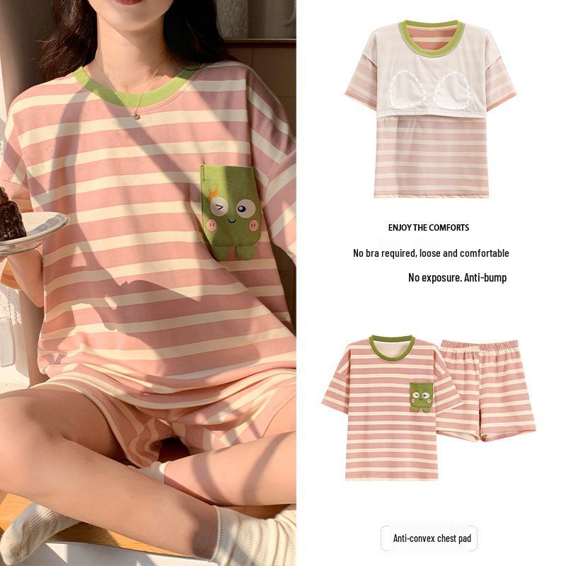 2025 Women's Short-Sleeved Summer Pajamas with Chest Pads - Cute Cartoon Style