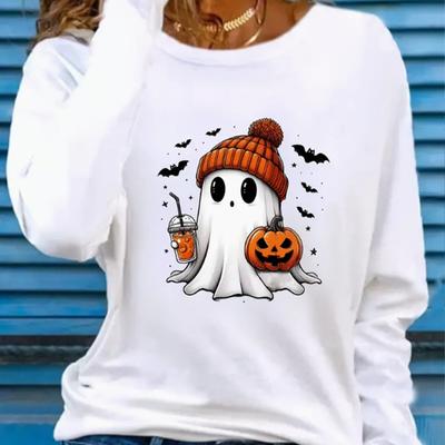 Tops For Women Cute Ghost Pumpkin Print Round Neck Long Sleeve T-shirt Fall Casual Slim Pullover Women's Long Sleeve Top