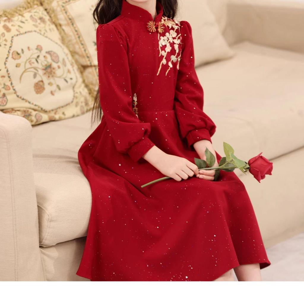 Fashionable Red New Year Princess Dress for Girls, Medium-Large, Autumn/Winter Lady-like Style