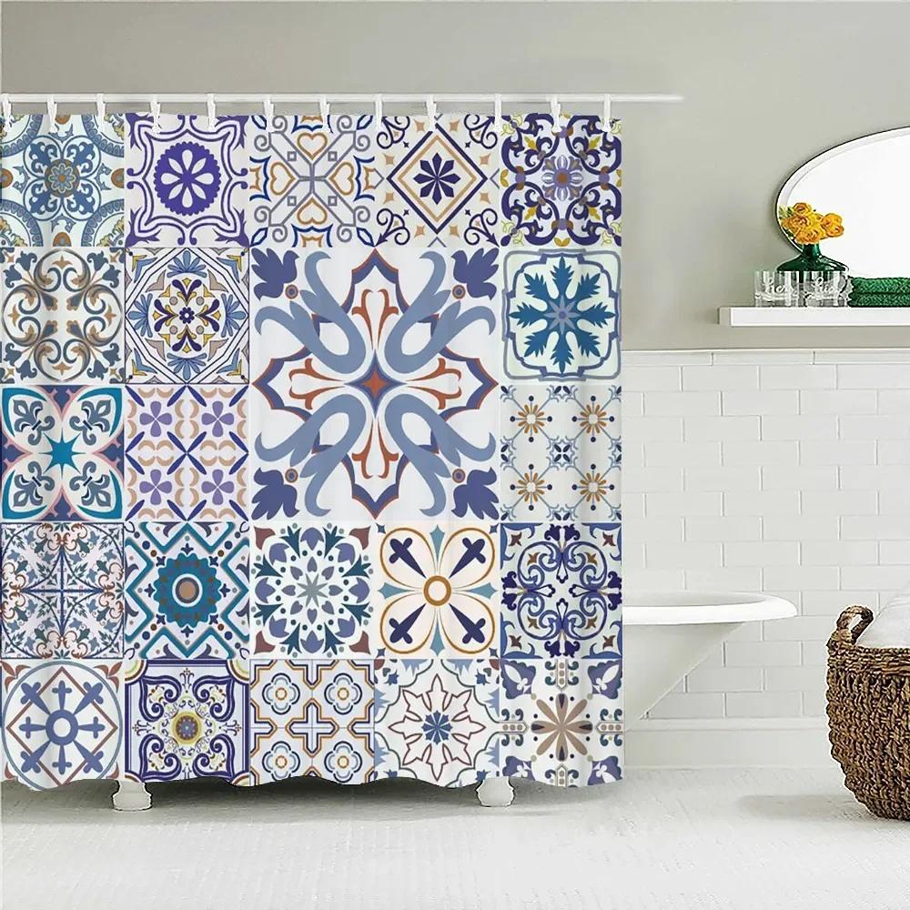 Bohemian 3D Shower Curtain, Indian Mandala Flower Green Blue Chic Color Modern Pattern Bathroom Fabric Home Decor Shower Curtain