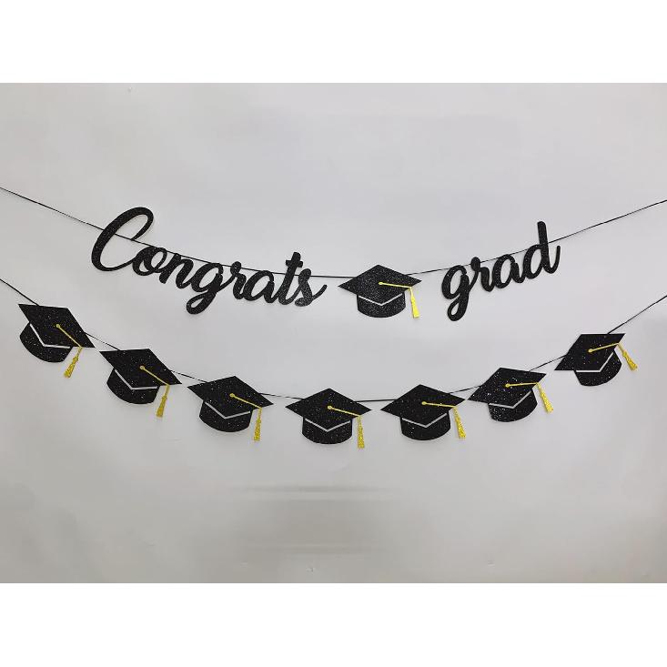 Graduation Decorations Class of 2026 Party Supplies - Congrats Grad Banner and Graduation Cap Banner (Pre-Strung)