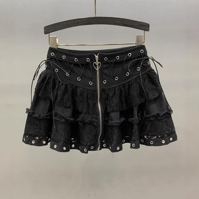 Lace Splicing Cake Skirt Skirt Women's Summer New Design Strap Zipper a Word Puffy Skirt