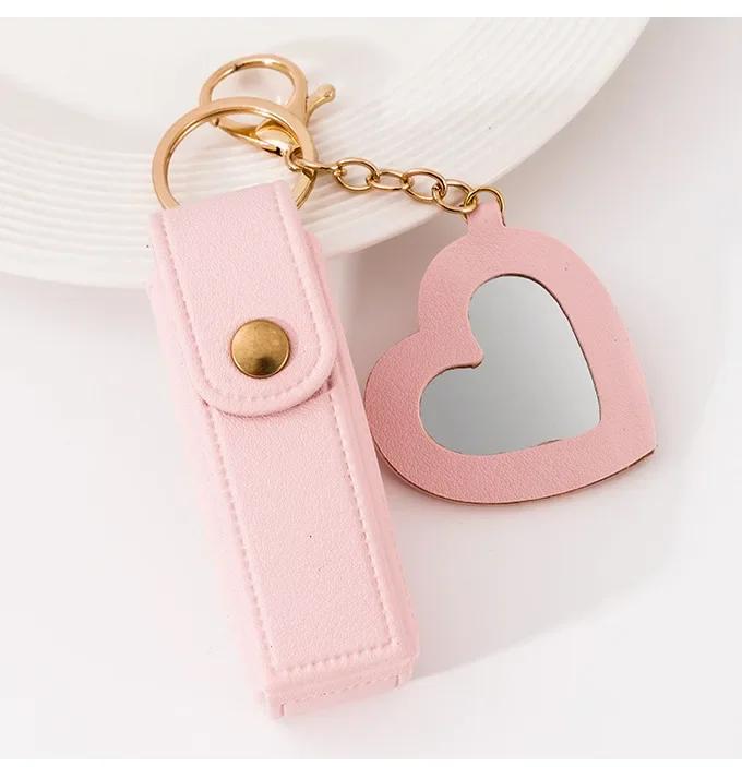 Custom Logo Name Key Chain Ring Small Versatile Keyring New Portable Lipstick Bag Packet Heart Mirror Keychain Mini Leather Gift