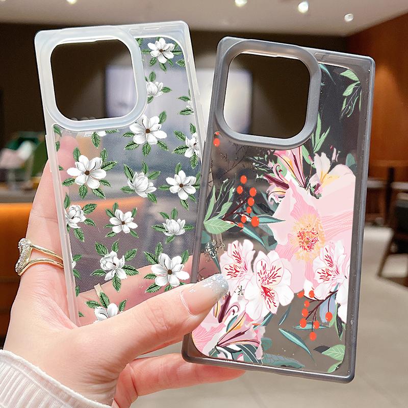 Frosted Square Clear Phone Case for iPhone 16 Pro 15 14 Plus 13 12 Pro Max 11 Colored Floral Pattern Tpu Soft Shockproof Slim Cover