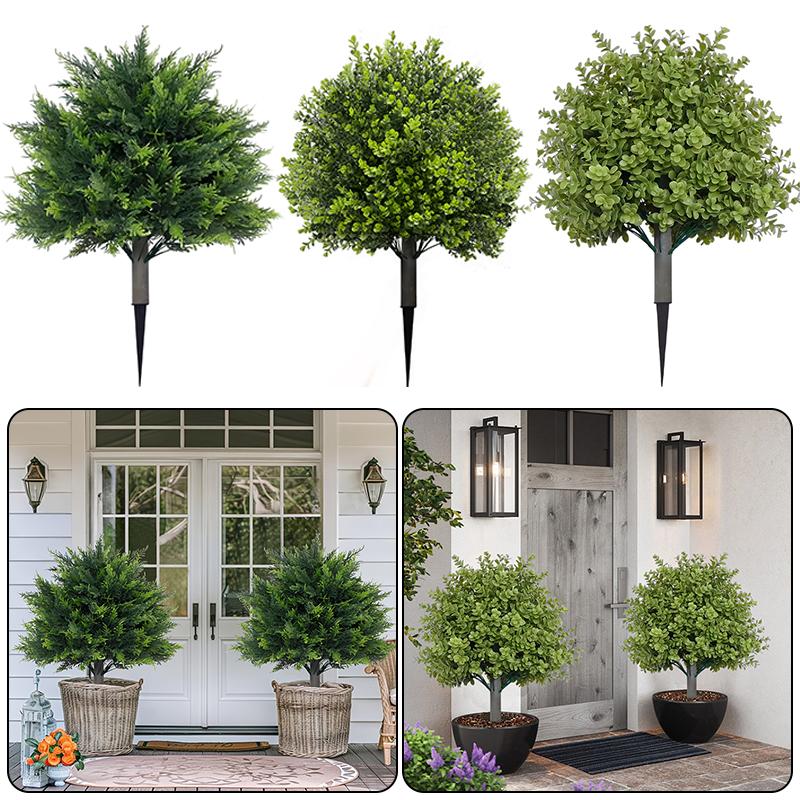 

1PC With Ground Spike Patio Artificial Cedar Topiary Ball Trees Garden Faux Shrub Durable Decoration 45cm