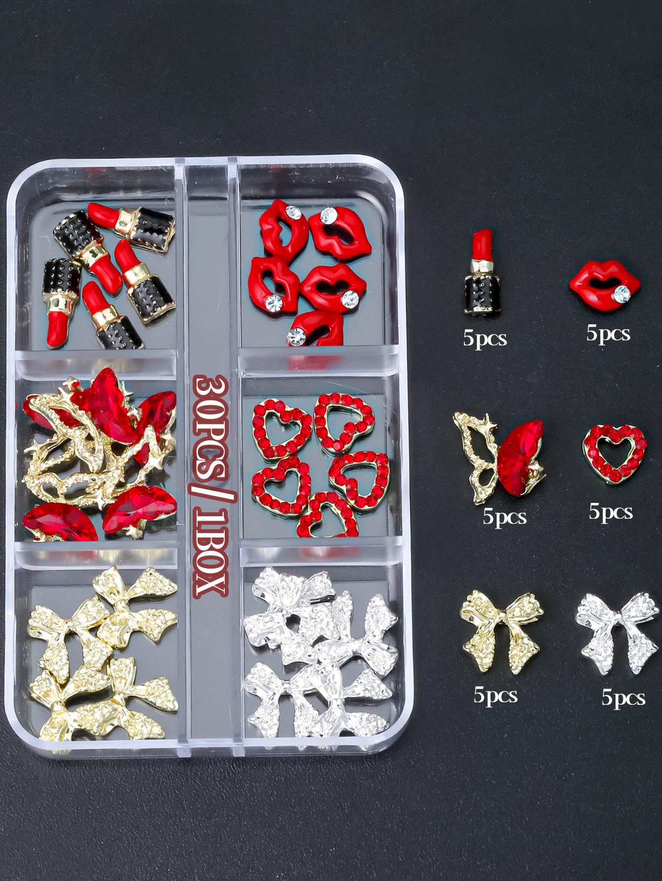 

Подвески для ногтей в форме бабочки и сердца ко Дню святого Валентина 1 коробка(30шт) 3D сплав бант любовь нейл-арт украшения своими руками 2025 подарок для девочек