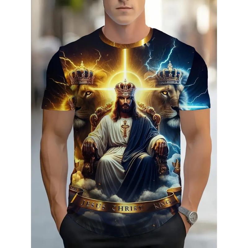 Herren T-Shirt mit Allover-Print, Jesus & Löwe Grafik, Oberteile, lässig, Kurzarm, Rundhalsausschnitt, Sommer, Übergröße, Herren T-Shirts