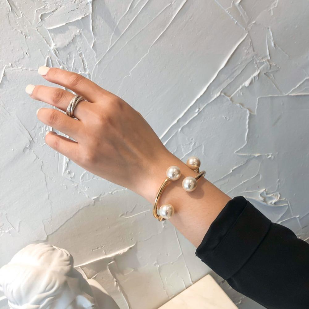 Gold Wide Cuff Bangles Jewelry Curtain Buckle Punk Pearl Geometric Bracelet  Women