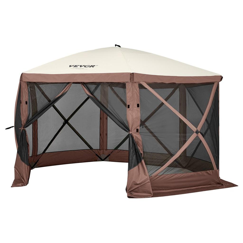 Pop Up Gazebo Tent Pop-Up Screen Tent 6 Sided Canopy Sun Shelter Brown