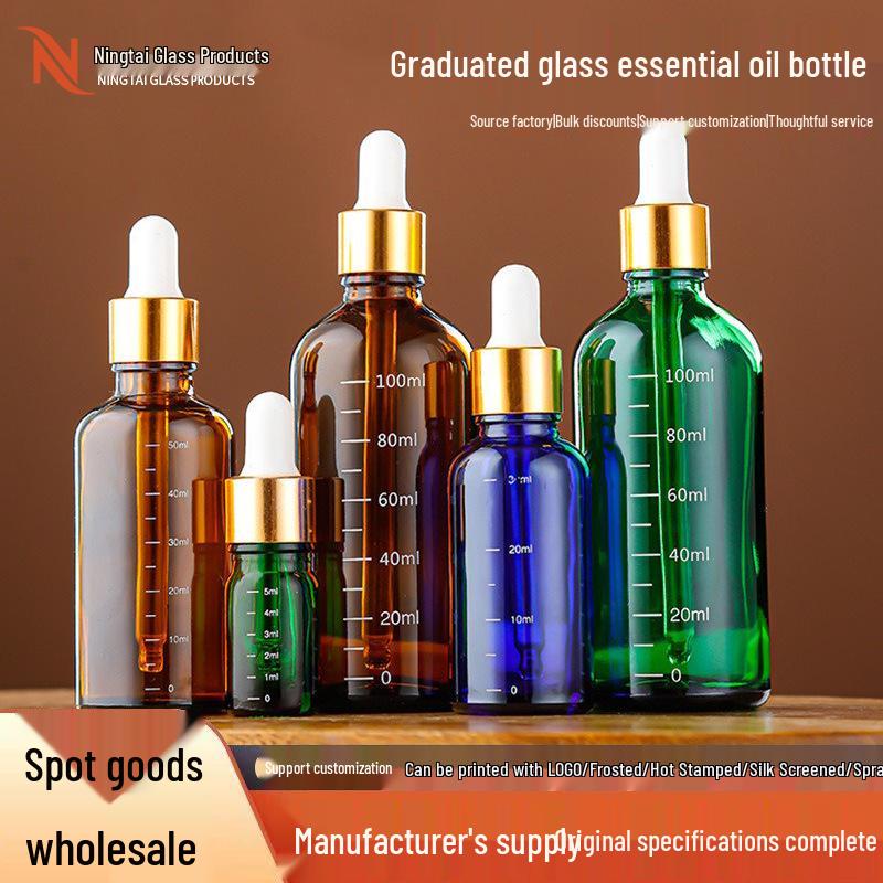 Amber Glass Bottle with Scale & Blue Glass Dropper for Essential Oils, Green Serum Sample Bottle