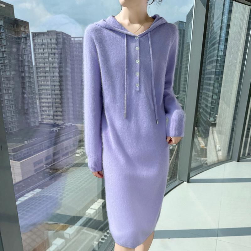Versatile Hooded Knitted Dress - Autumn/Winter 2025: Slimming, Loose, Long Dress Shirt.