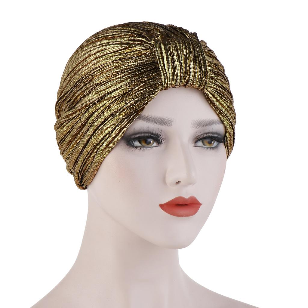 Chemo Cancer Hat Cap Pleated Turban Women Stretch Knotted Shiny Muslim Headscarf