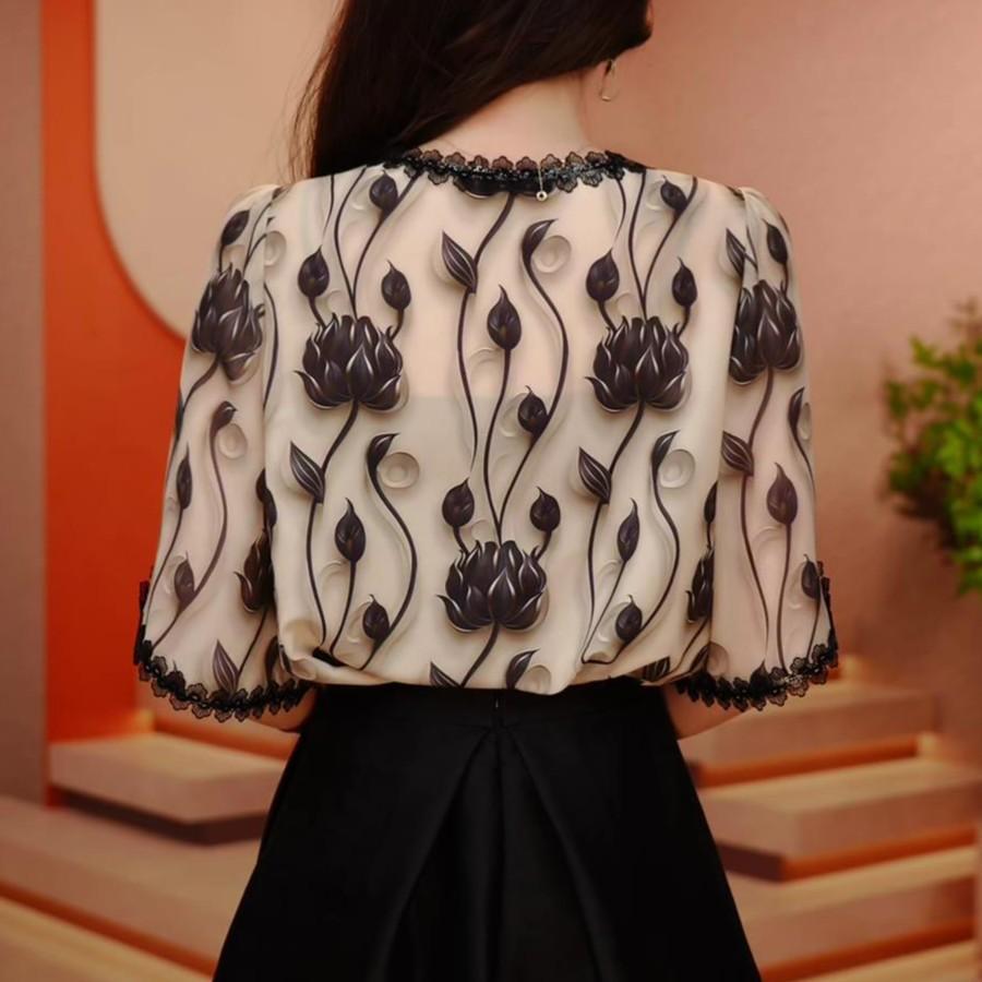 Bluză de vară pentru femei mărimi mari, lejeră, cu imprimeu floral, gât rotund, din șifon, tricou floral cu mânecă scurtă