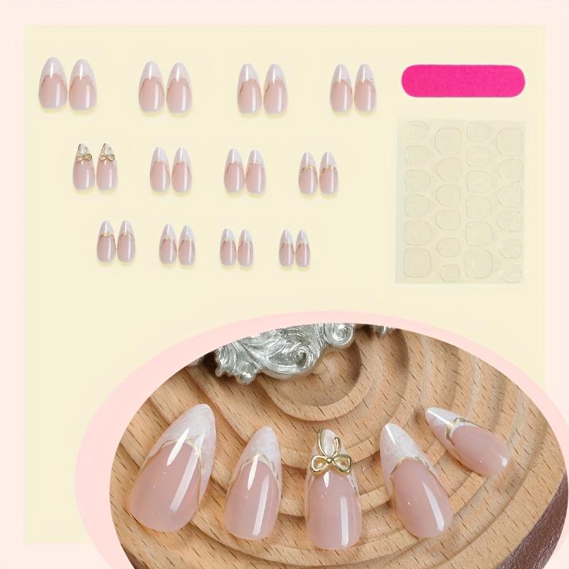 24 Pieces of White Pointed Nail Art Patches, Medium Almond Shaped Gradient Nail Stickers, with Gold 3D Bow for Wearing Nail