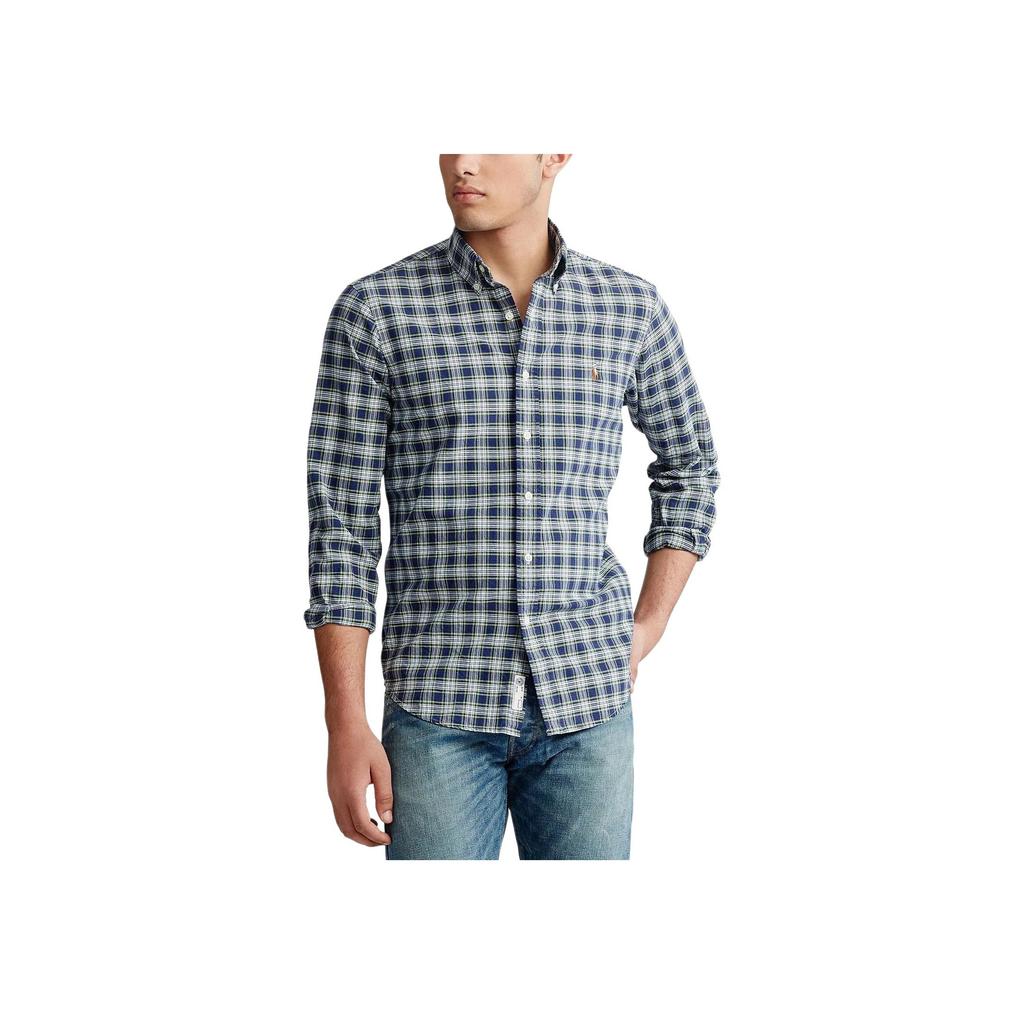 Polo Ralph Lauren Ss24 Green Checkered Pony Logo Embroidered Long Sleeve Shirt Men Shirts Navy-Blue 710758901-005