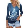 Women's Casual Fashion Sexy Comfortable Christmas Print V-Neck Button Three-quarter Sleeve Top