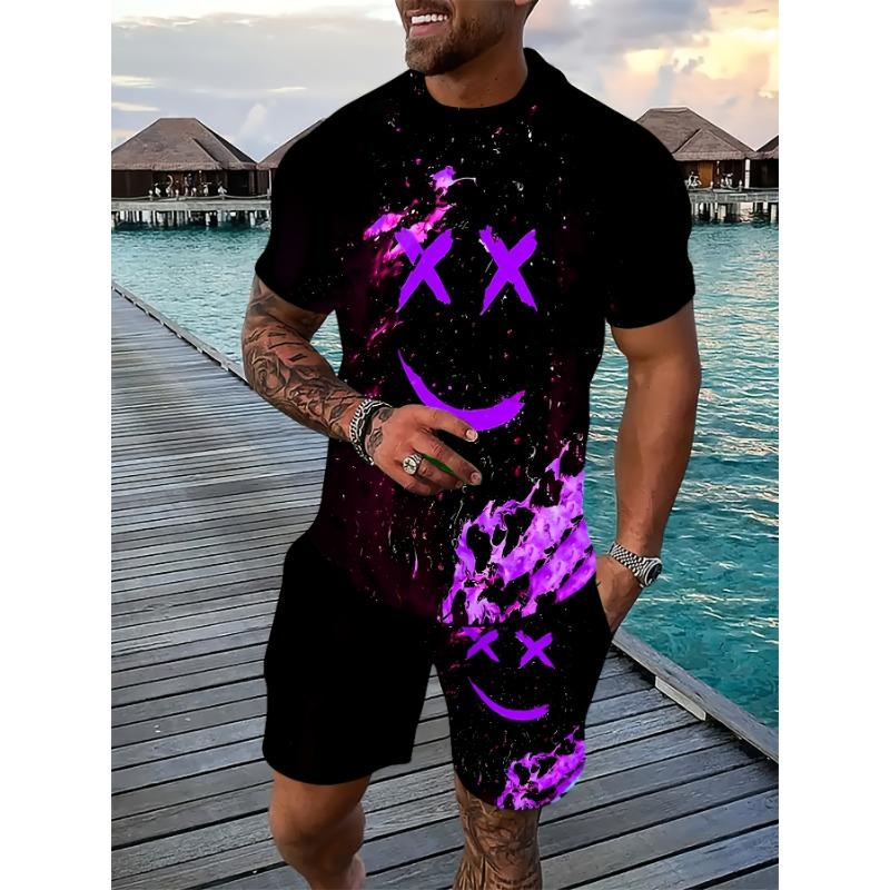 Summer Men's Colorful Happy Printed Fashion Sports Set - Comfortable T-shirt and Shorts