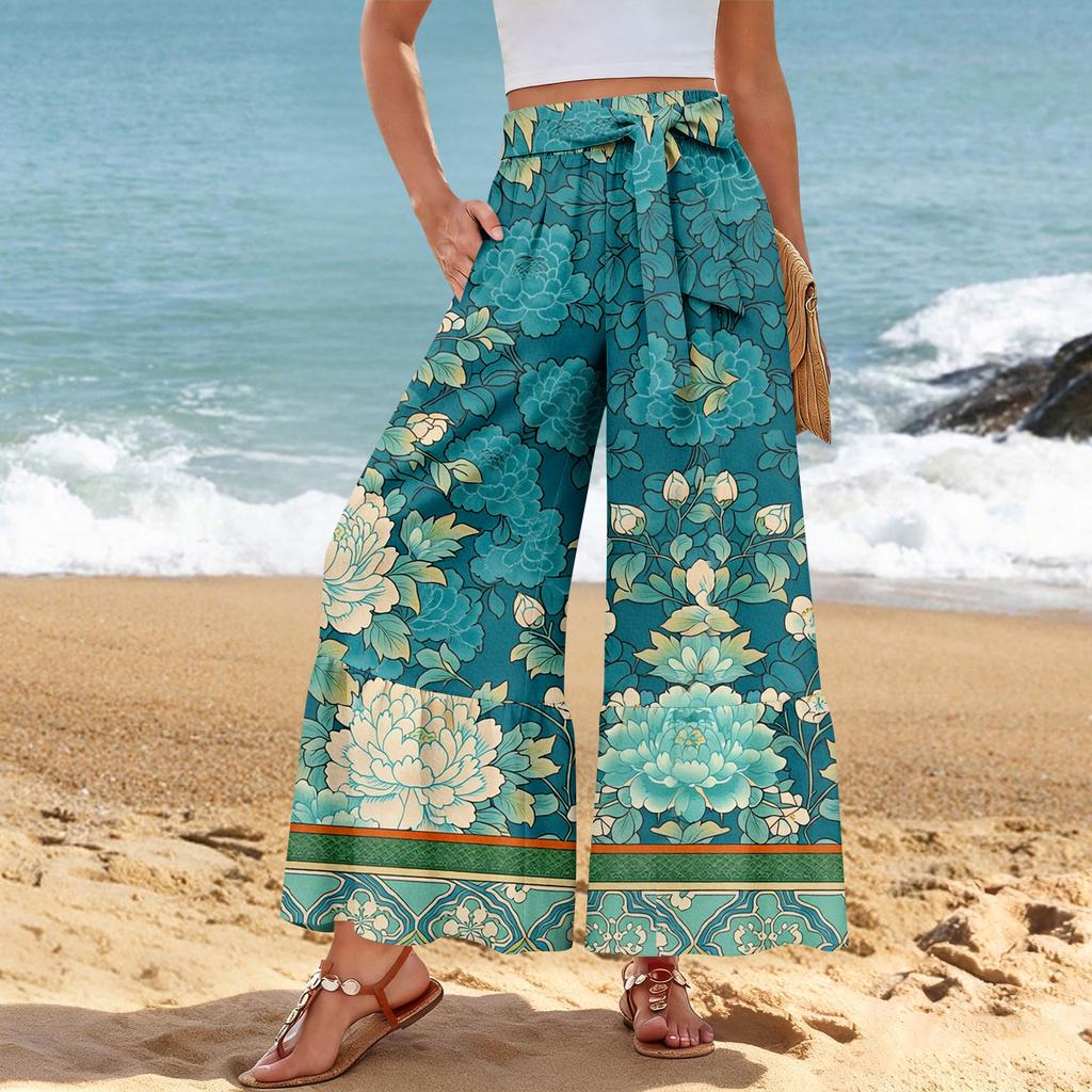 Women's Wide-Leg Casual Pants, Stretch, High Waist, Ruffled Hem, Wide Legs, Belted, And Pockets