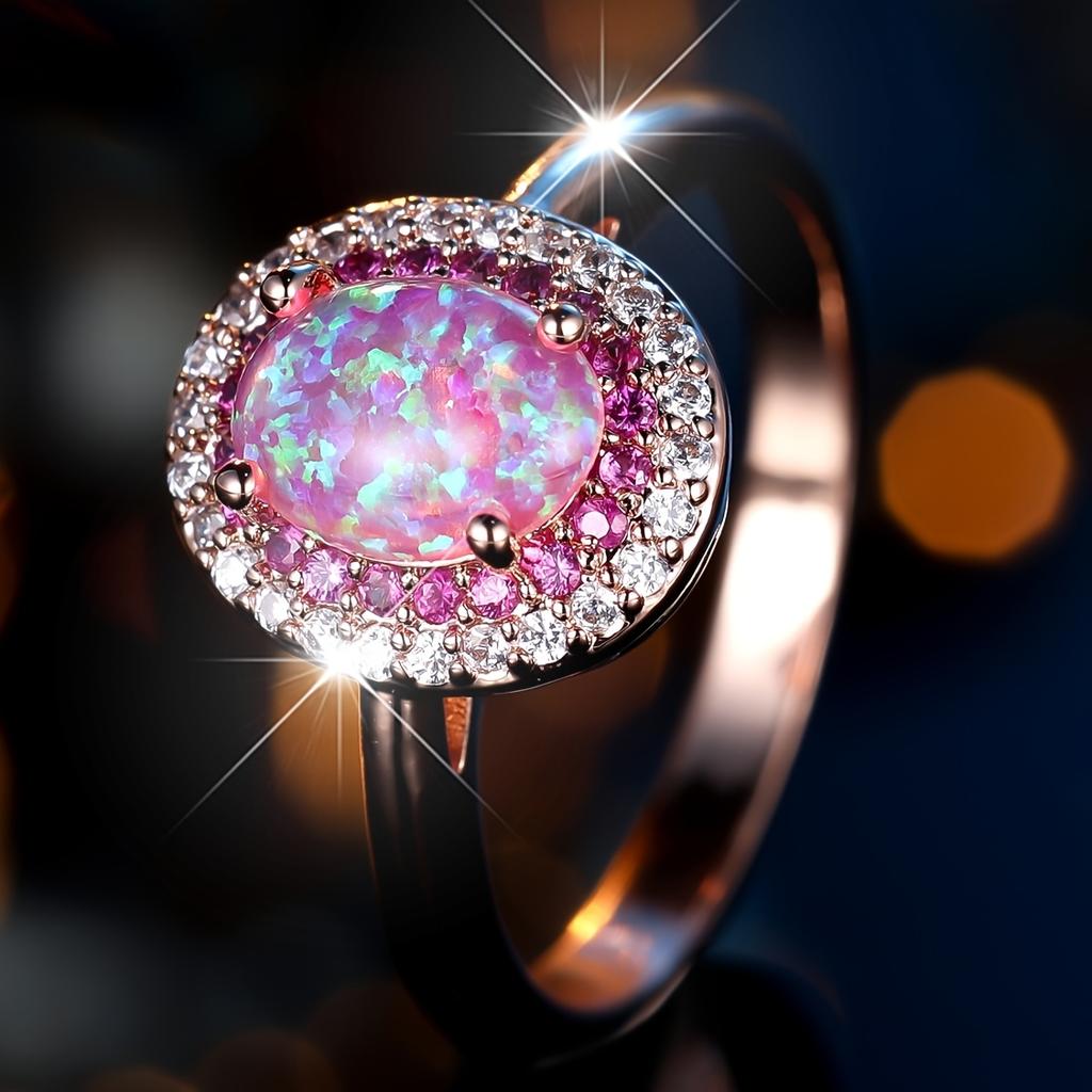 A piece of jewelry inlaid with oval-shaped pink synthetic opal, simple, elegant, classic, exquisite, fashionable, luxurious, unique, versatile, and