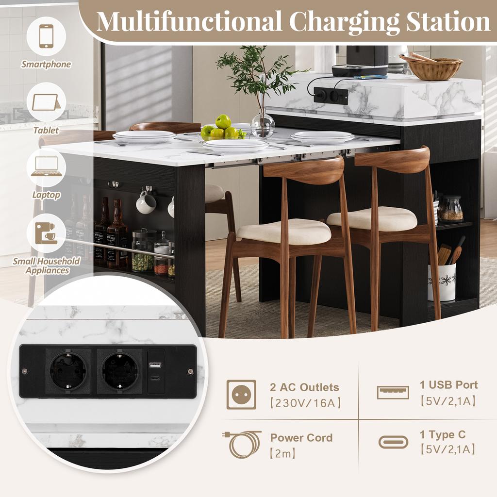 Kitchen Island with Casters, Extendable Dining Table with Foldable Tabletop, Bar Table with Power Strips and Hooks (black)