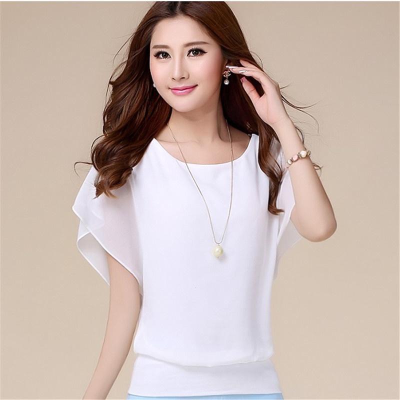 Luxurious Plus Size Chiffon Blouse With Elegant Ruffle Batwing Short Sleeves