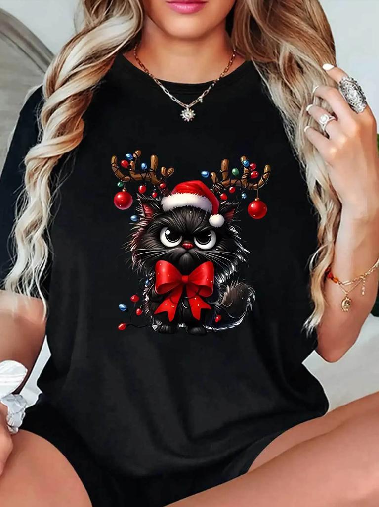 Ladies' Christmas Cat T-shirt Adorable with A Christmas Hat and Antlers Perfect for Holiday Parties Harajuku Short Sleeve Casual