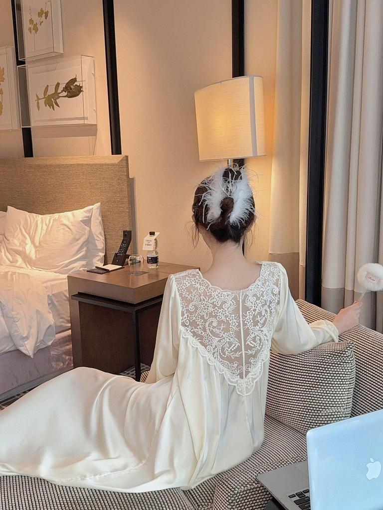 2026 French High-End Lace Cutout Long Sleeve Ice Silk Sleep Dress for Women
