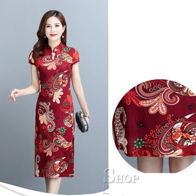 Women Fashion Qipao  Dress Temperament Retro New Year Chinese Style High Waist Stand-up Collar