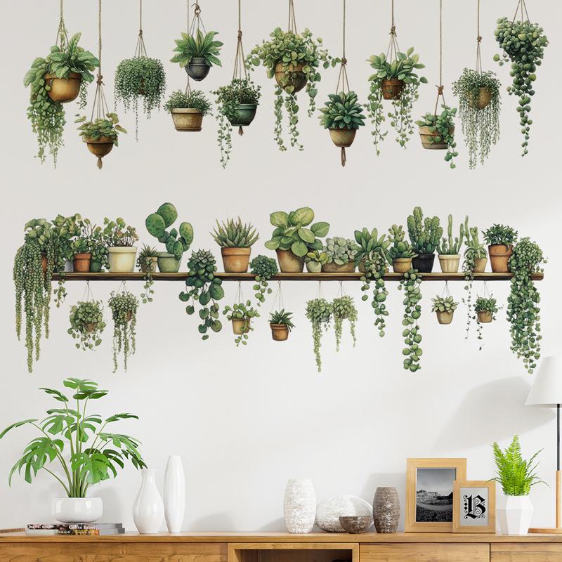 Green Potted Plant Wall Stickers for Living Room Hanging Potted Wall Decals Bedroom Home Wall Decoration Background