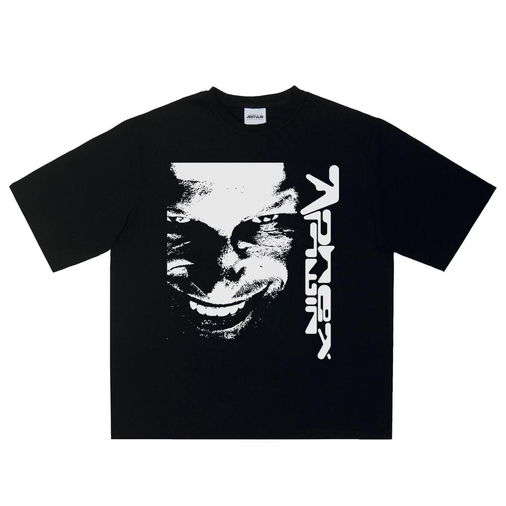 Harajuku Oversized Streetwear Pánské Tričko Aphex Twin Potisk Obličeje Vrcholy Bavlna Hip Hop Krátký Rukáv Oblečení Goth Y2k Trička