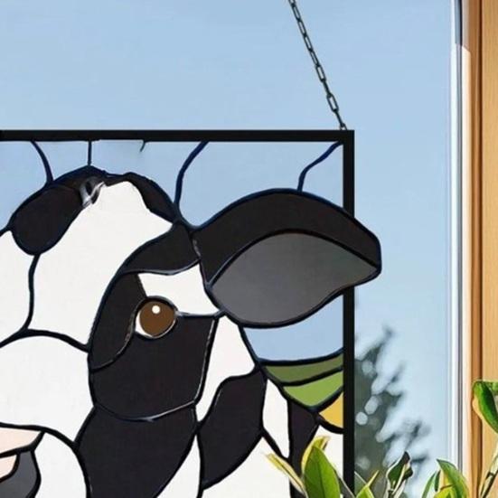 Handcrafted Black White Cow Suncatcher Stained Glass Style Window Hanging Panel 2D Acrylic Cow Ornament for Farmhouse Window Wall Decor Gift for
