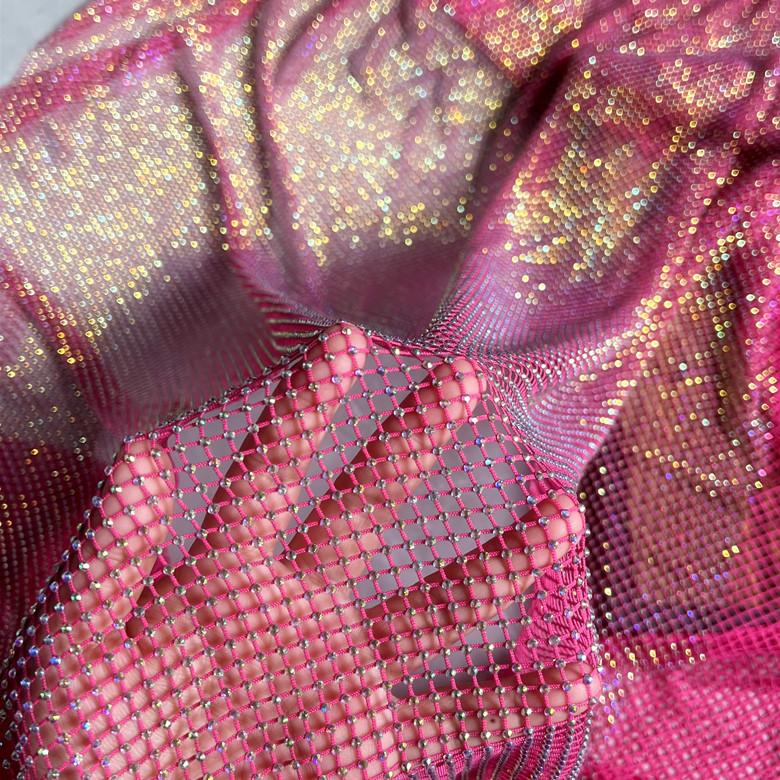 Luxury AB Color High Gloss Elastic Diamond Mesh Fabric Sewn with Satin Belt Mesh Lace Fabric DIY Dress Clothing High-end Fabrics